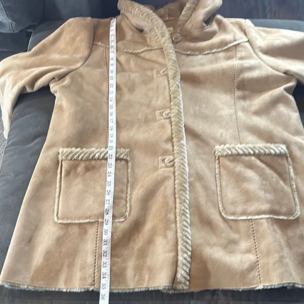 Women’s Vintage St John’s Bay Tan Faux Suede Hooded Coat Faux Fur Lined Size L